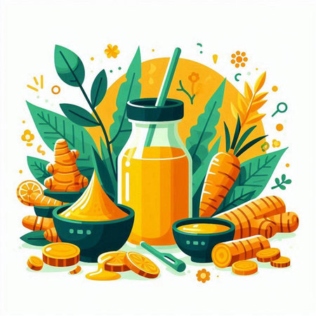 Natural organic ginger and turmeric tea. Healthy food concept. Vector illustrationのイラスト素材