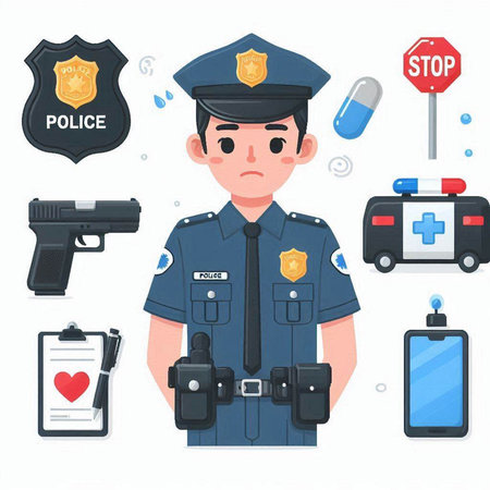 Policeman and police icons set. Vector illustration in flat styleのイラスト素材