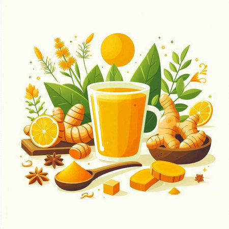 Ginger tea, honey, ginger root, lemon, honey. Vector illustration.のイラスト素材