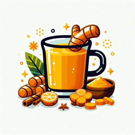 Cup of turmeric tea with ginger and cinnamon. Vector illustration.のイラスト素材