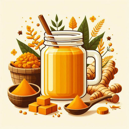 Turmeric tea in glass jar. Detox drink. Vector illustrationのイラスト素材