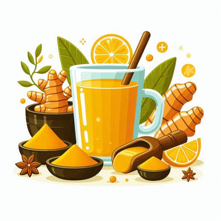 Ginger tea with lemon, honey and spices. Vector illustration.のイラスト素材