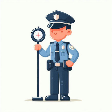 Policeman with a magnifying glass in hand. Vector illustrationのイラスト素材