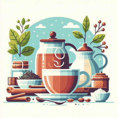 Cup of hot tea with spices and herbs. Vector illustration.のイラスト素材