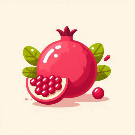 Pomegranate fruit with green leaves. Cartoon vector illustration.のイラスト素材