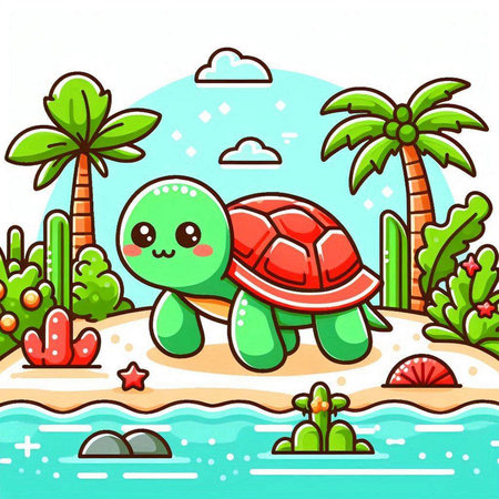 Cute turtle on the beach. Vector illustration in cartoon style.のイラスト素材
