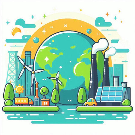 Ecology concept with green planet and wind turbines. Vector illustration.のイラスト素材