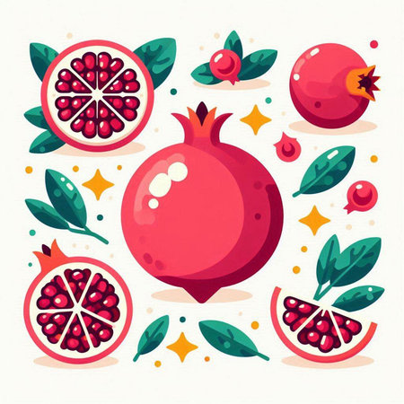 Pomegranate fruit icons set. Vector illustration in flat styleのイラスト素材