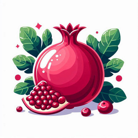 Pomegranate fruit vector illustration. Pomegranate with leaves isolated on white background.のイラスト素材