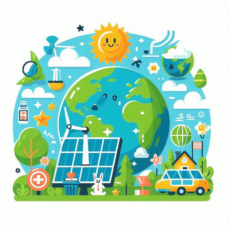 Ecology concept with solar panels, wind turbines, solar panels, sun, solar cell, solar car, planet earth, solar panels, windmills. Flat vector illustration.のイラスト素材
