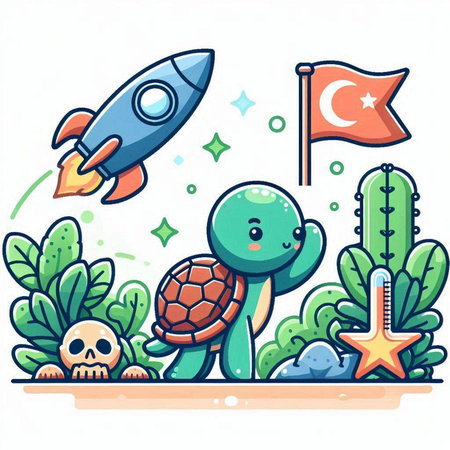Cartoon turtle, rocket, cactus, moon and star.のイラスト素材