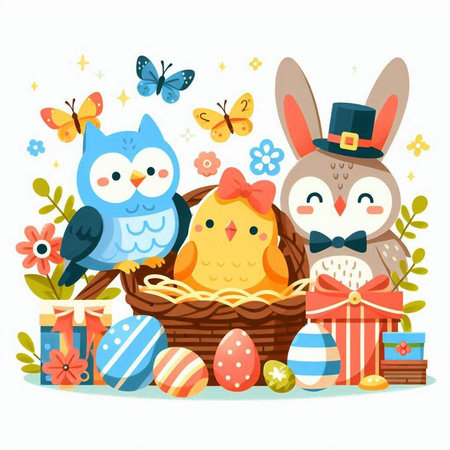 Happy Easter card with cute birds, chicks and eggs. Vector illustration.のイラスト素材