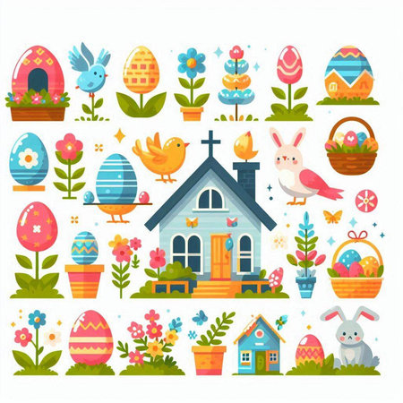 Easter eggs, bunny, chicken, house, flowers. Vector illustrationのイラスト素材