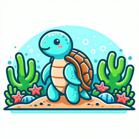 Cute cartoon turtle on the seashore. Vector illustration.のイラスト素材