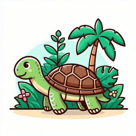 Turtle and palm trees. Vector illustration in a flat style.のイラスト素材