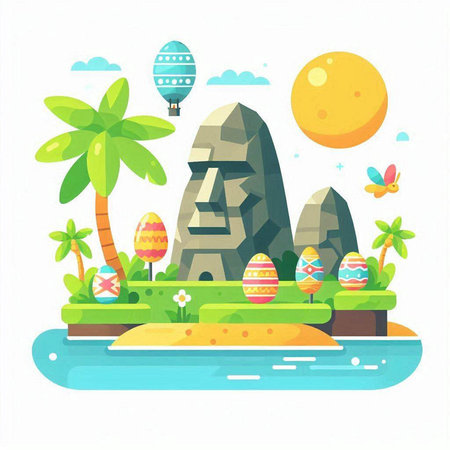 Vector illustration of island with palm trees, rocks and eggs. Flat style design.のイラスト素材