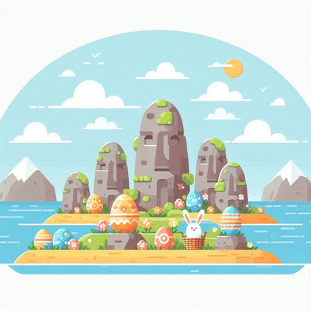 Easter eggs in the rocks on the seashore. Vector illustration.のイラスト素材