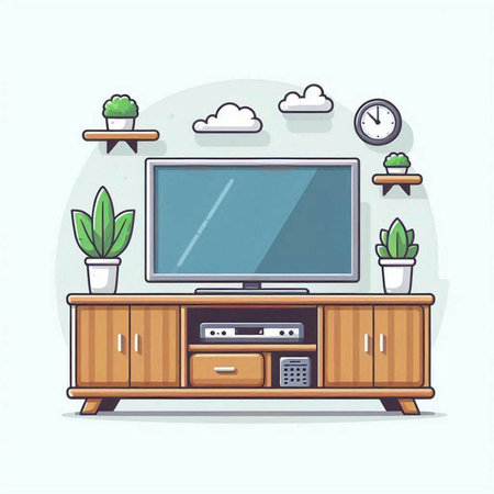 TV on the cabinet in the living room. Flat style vector illustration.のイラスト素材