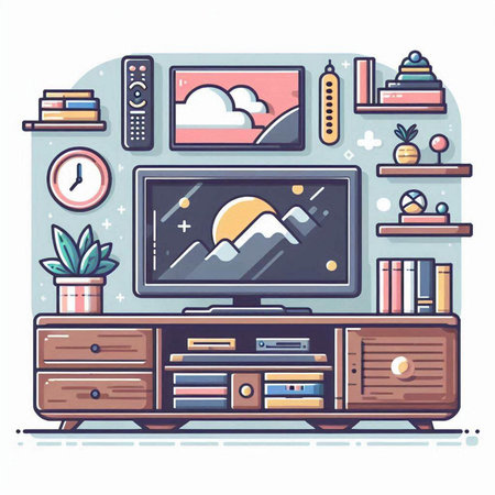 Home interior. Living room with furniture, TV, bookshelf, coffee table and other things. Vector illustration.のイラスト素材