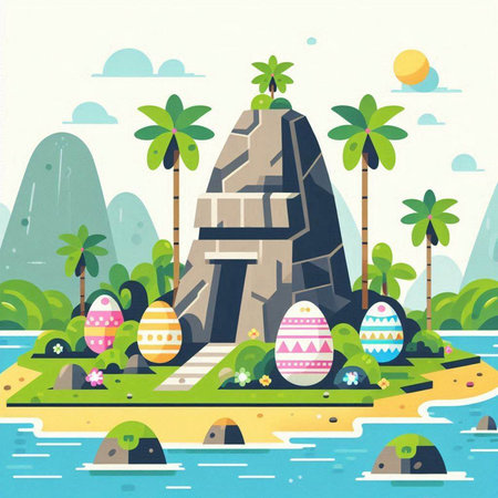 Easter eggs on the island. Colorful vector illustration in flat styleのイラスト素材
