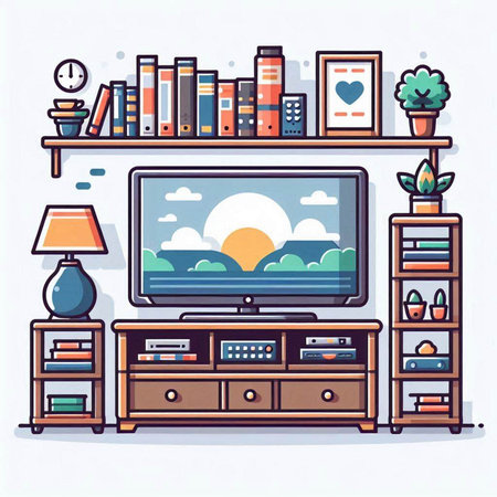 Living room interior with TV, bookshelf, sofa, bookshelf, plant, lamp and other items. Flat style vector illustration.のイラスト素材