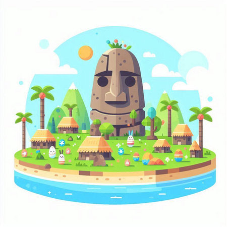 Mongolian stone idol on island. Vector cartoon illustration.のイラスト素材
