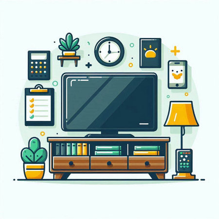 Modern flat design vector illustration of living room interior with furniture, TV, bookshelf, remote control, lamp, plants and other objects.のイラスト素材