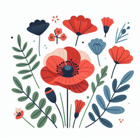 Hand drawn vector illustration with red poppies and green leaves.のイラスト素材