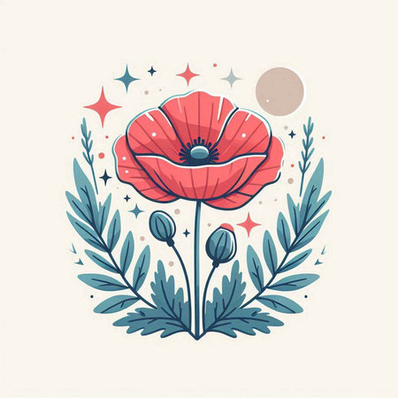 Hand drawn poppies with leaves and stars. Vector illustration.のイラスト素材