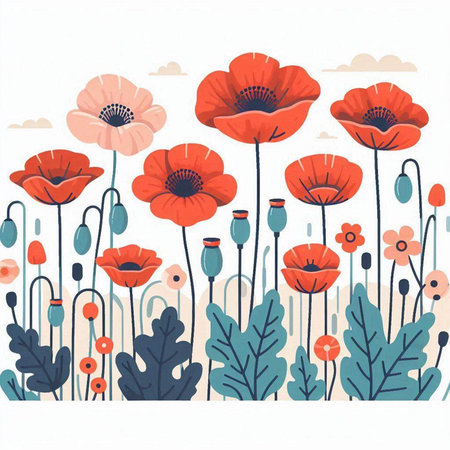 Poppies and wildflowers. Hand drawn vector illustration.のイラスト素材
