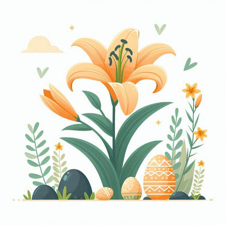 Easter background with yellow lily and eggs. Vector illustration.のイラスト素材