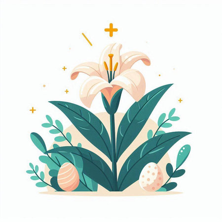 Easter greeting card with lily, eggs and leaves. Vector illustration.のイラスト素材