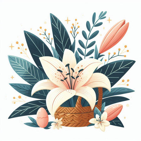 Basket with flowers and leaves. Vector illustration in cartoon style.のイラスト素材