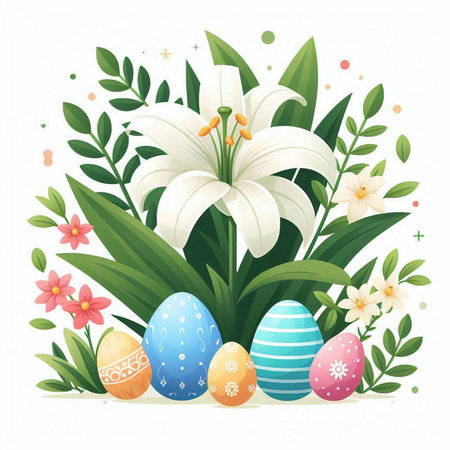 Easter background with flowers, eggs and lily. Vector illustration.のイラスト素材