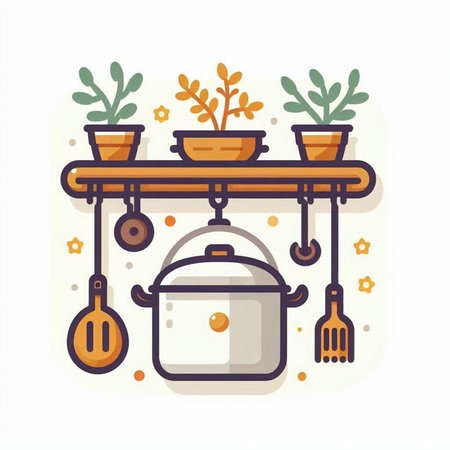 Kitchen utensils and pots on shelf. Vector illustration.のイラスト素材