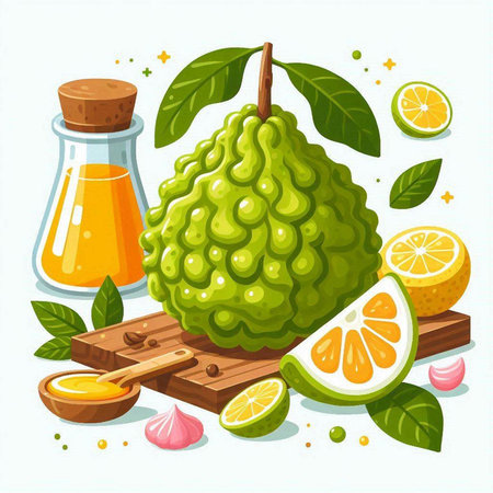 Kaffir lime and essential oil in a glass bottle. Vector illustration.のイラスト素材