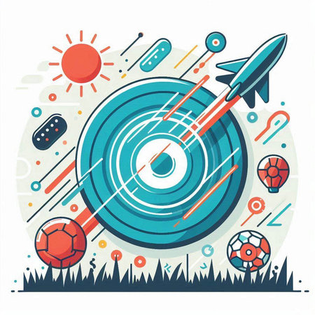 Flat design modern vector illustration concept of archery target with rocket, ball and other sports elements.のイラスト素材