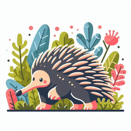 Echidna vector illustration. Cute cartoon hedgehog with flowers.のイラスト素材