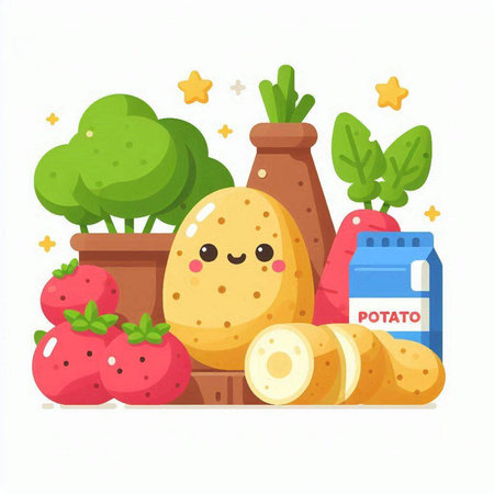 Potato, carrot, radish, milkshake. Cute cartoon vector illustration.のイラスト素材
