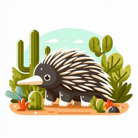 Cute australian echidna with cactus. Vector illustrationのイラスト素材