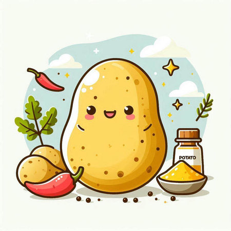 Potato character with vegetables and spices. Cute cartoon vector illustration.のイラスト素材