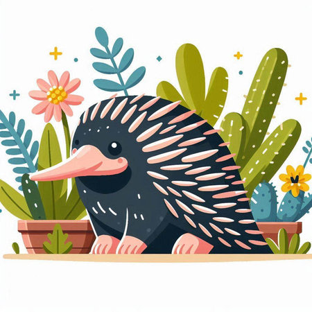 Vector illustration of a cute echidna in a flower pot.のイラスト素材