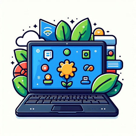 Laptop with social media icons. Vector illustration in line art style.のイラスト素材