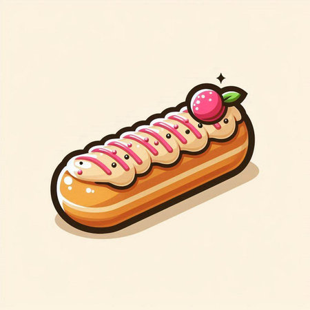 Illustration of a delicious eclair with vanilla cream and cherry.のイラスト素材