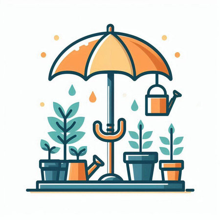 Flat line design vector illustration concept of gardening, planting and growing plants with umbrella.のイラスト素材