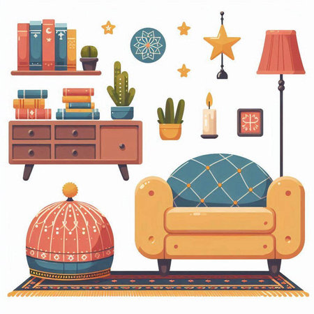 Living room interior with sofa, bookshelf, armchair, carpet, lamp and cactus. Vector illustrationのイラスト素材