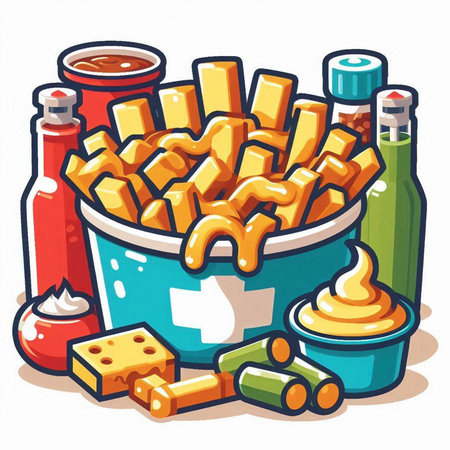 Illustration of a bucket full of french fries with mayonnaiseのイラスト素材