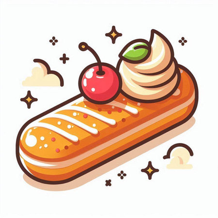 Vector illustration of eclair with whipped cream and cherry on white backgroundのイラスト素材