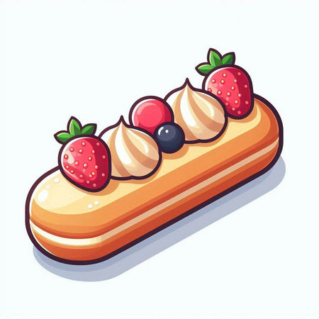 Eclair with cream and berries on white background. Vector illustration.のイラスト素材