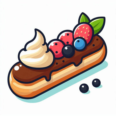 Chocolate eclair with whipped cream and berries. Vector illustration.のイラスト素材